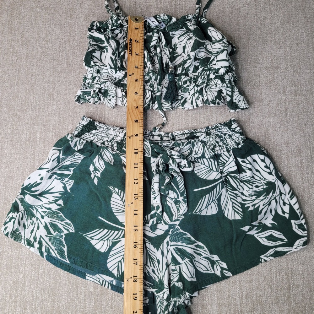 Paradise USA Shorts Set Womens S Green White Tropical Leaf Crop Top Ruffle - Picture 5 of 10